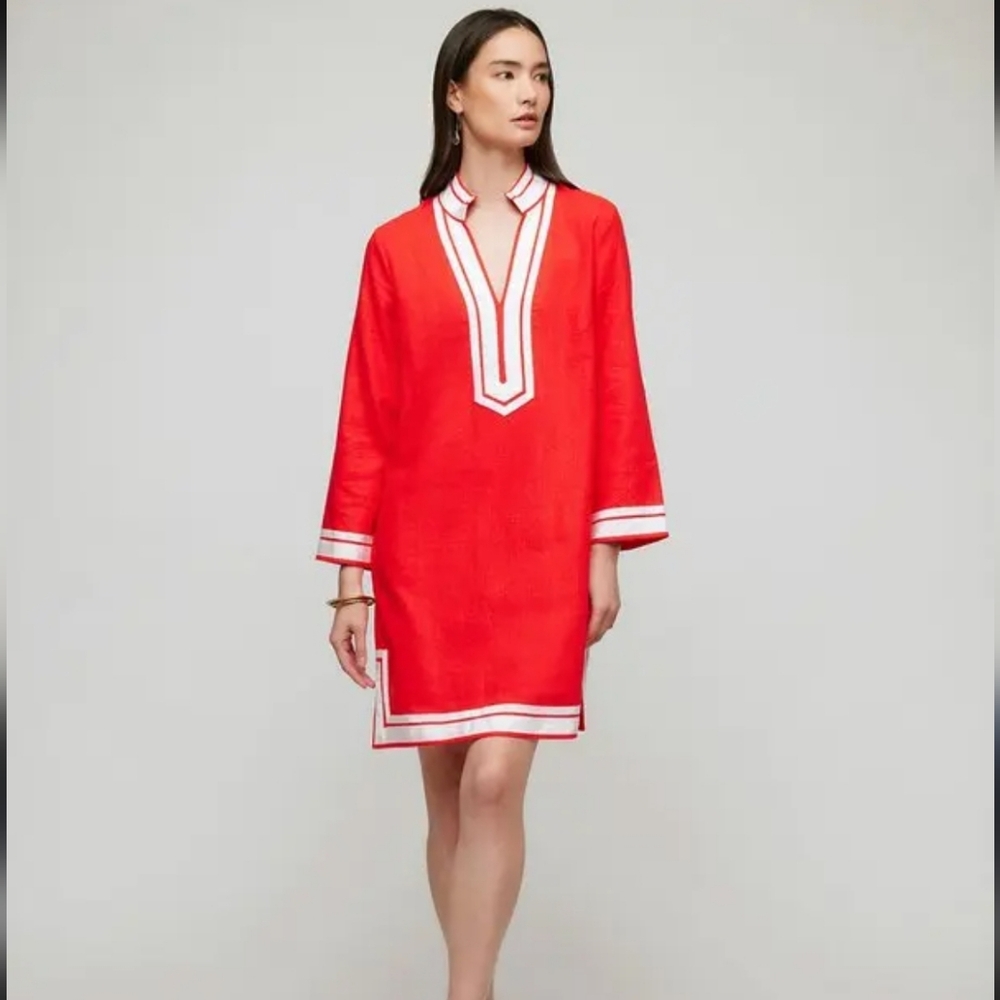 Karen Kane St. Tropez Linen Tunic with White Trim Accents Size Large - Picture 1 of 5